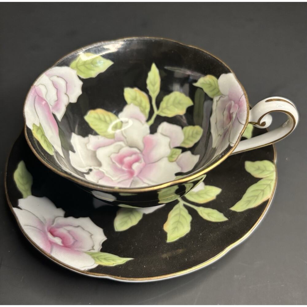 Wako China Floral Painted Tea Cup & Saucer Black Pink Green White Vintage Set